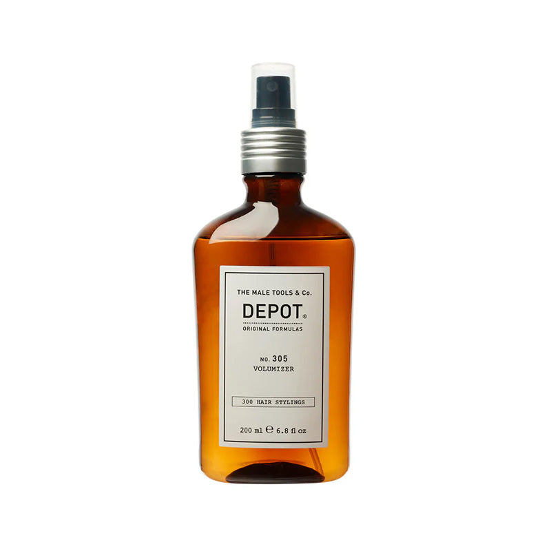 Flacone ambrato da 200ml con etichetta bianca sul fronte e pompa spray nera.