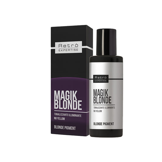 Bottiglia nera con tappo nero etichetta bianca e scritte nere con box esterno nero e viola.