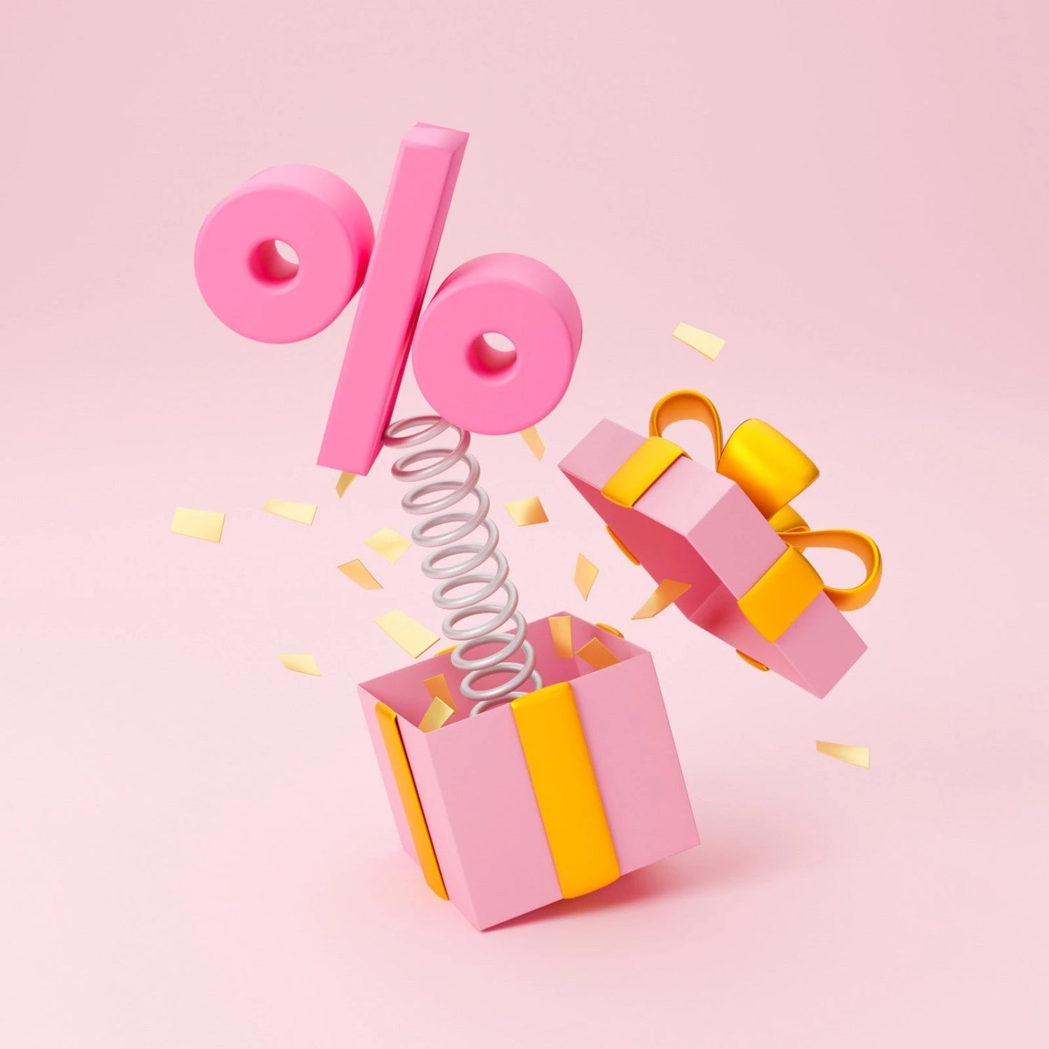 Pacco regalo di colore rosa con fiocco giallo dal quale fuoriesce una percentuale di sconto.