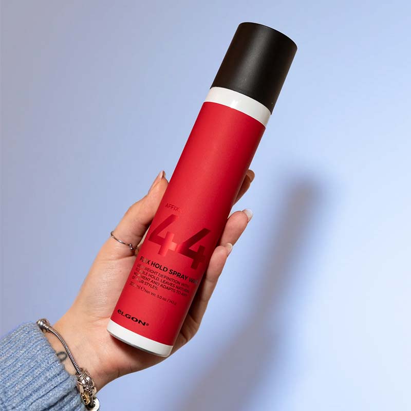 Flacone bianco con etichetta rossa con scritte nere e tappo spray nero.