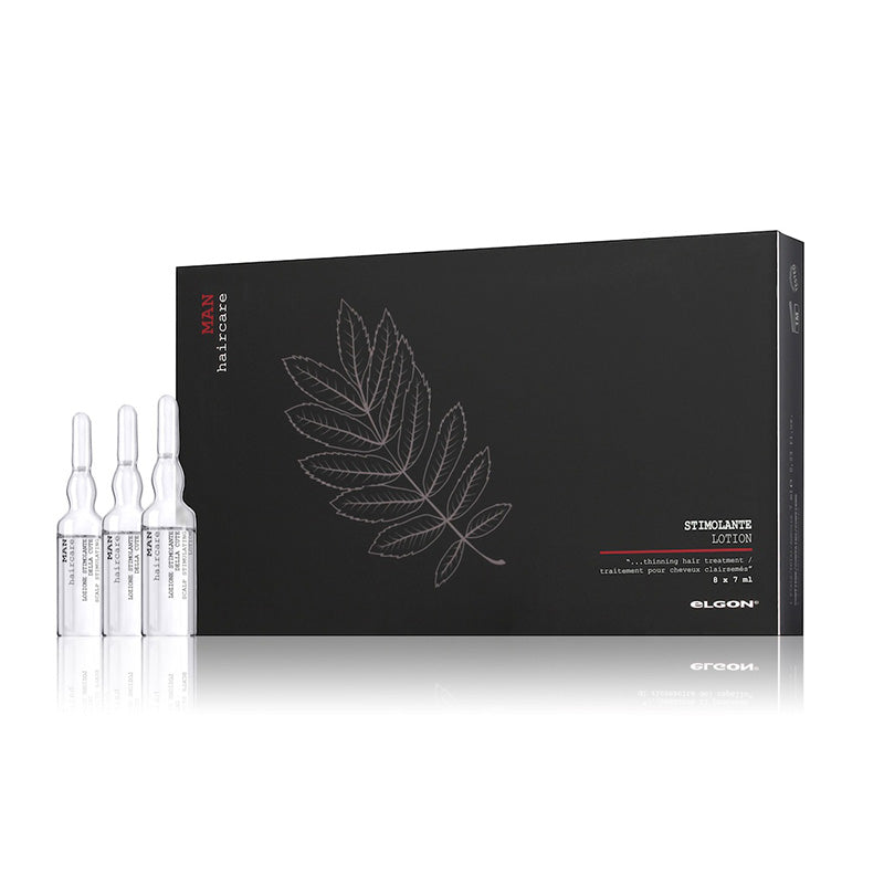 Scolta nera con serigrafia bianca e rossa, con delle fiale in vetro in primo piano.