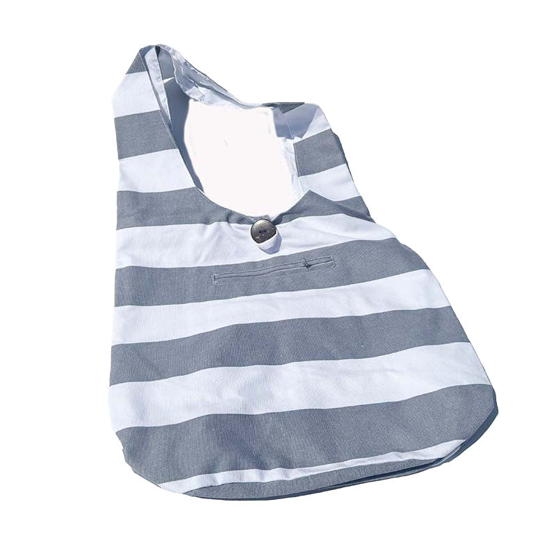 Borsa mare a righe bianca e azzurra con tasca laterale.