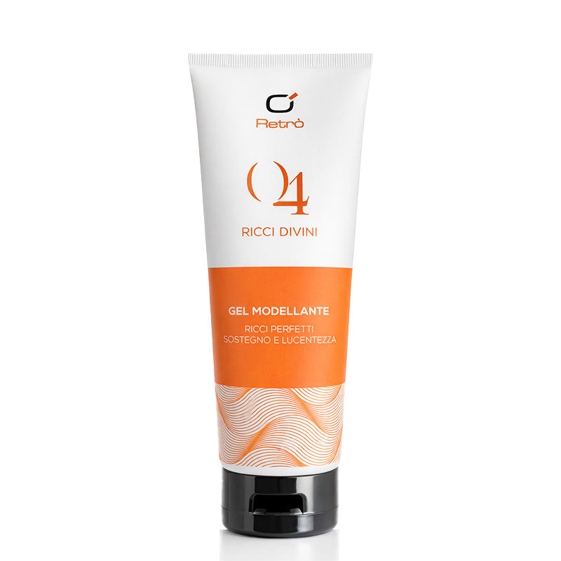 Gel modellante per capelli ricci in tubo da 250ml di colore bianco e arancione e tappo nero.