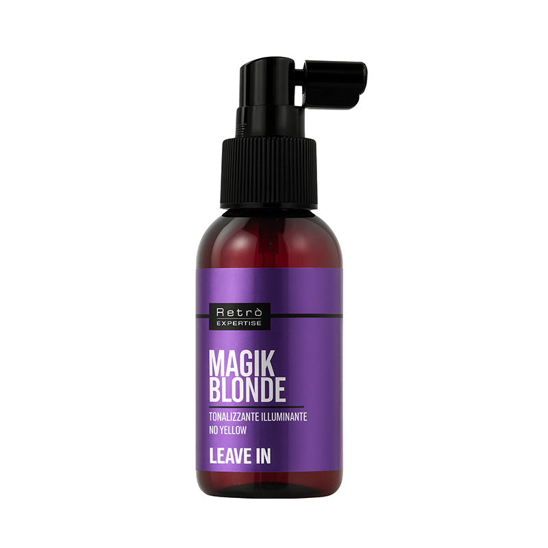 Bottiglia ambra da 100ml con pompa spray  ed etichetta metallizzata viola con scritte in bianco.