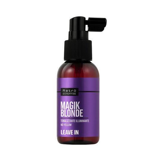 Bottiglia ambra da 100ml con pompa spray  ed etichetta metallizzata viola con scritte in bianco.