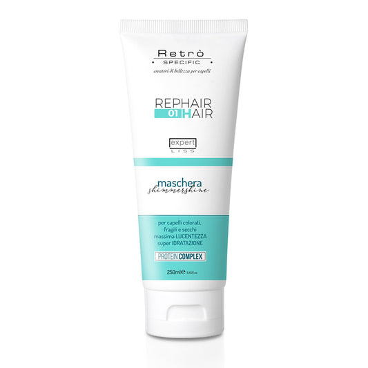 Tubo di maschera per capelli bianco e azzurro da 250ml con tappo bianco