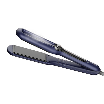 Piastra per capelli di colore  blu con un foro superiore al centro della piastra superiore da cui fuoriesce del vapore.